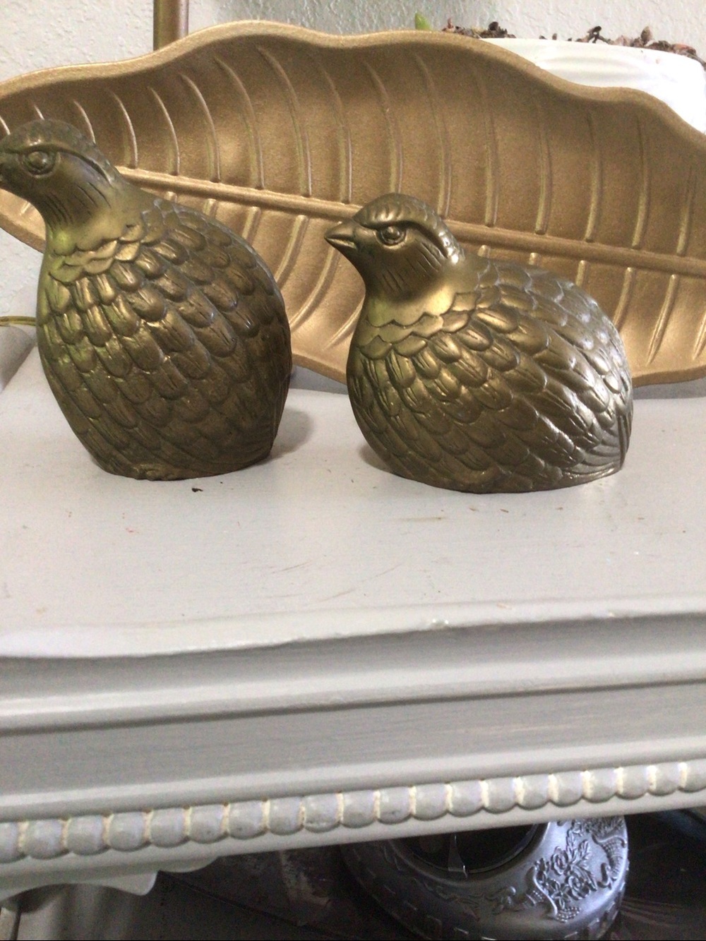 Set up to antique brass Quail figurines. Made in Korea
